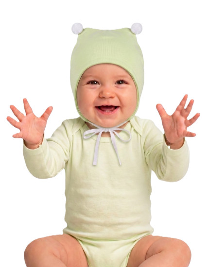 GAJI / Čiapka s bambuľkami obojlíc - pistaciová