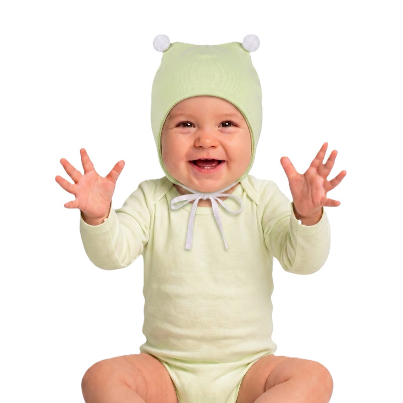 GAJI / Čiapka s bambuľkami obojlíc - pistaciová
