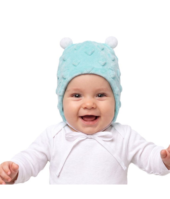 GAJI / Čiapka s bambuľkami minky - tyrkys srdcia